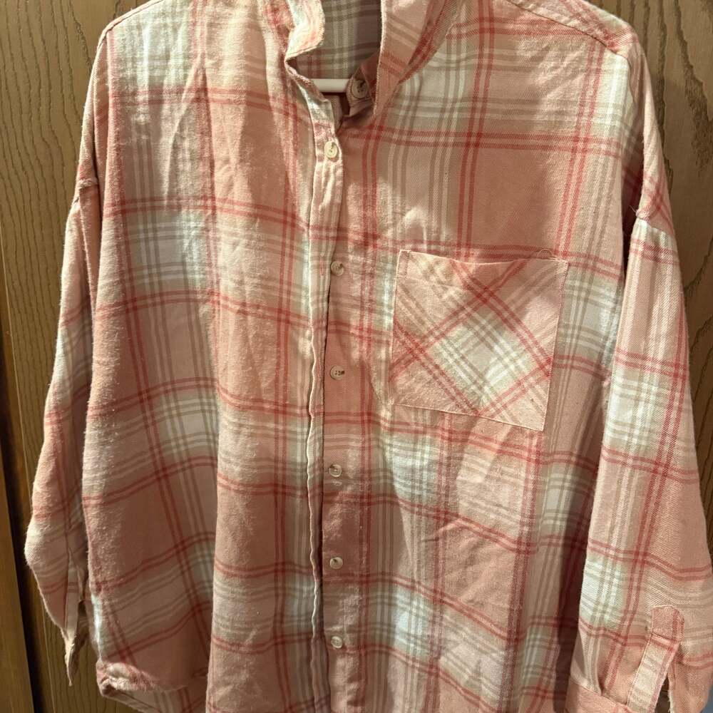 Women's Casual Peach Plaid Button-Up Shirt - Size Large